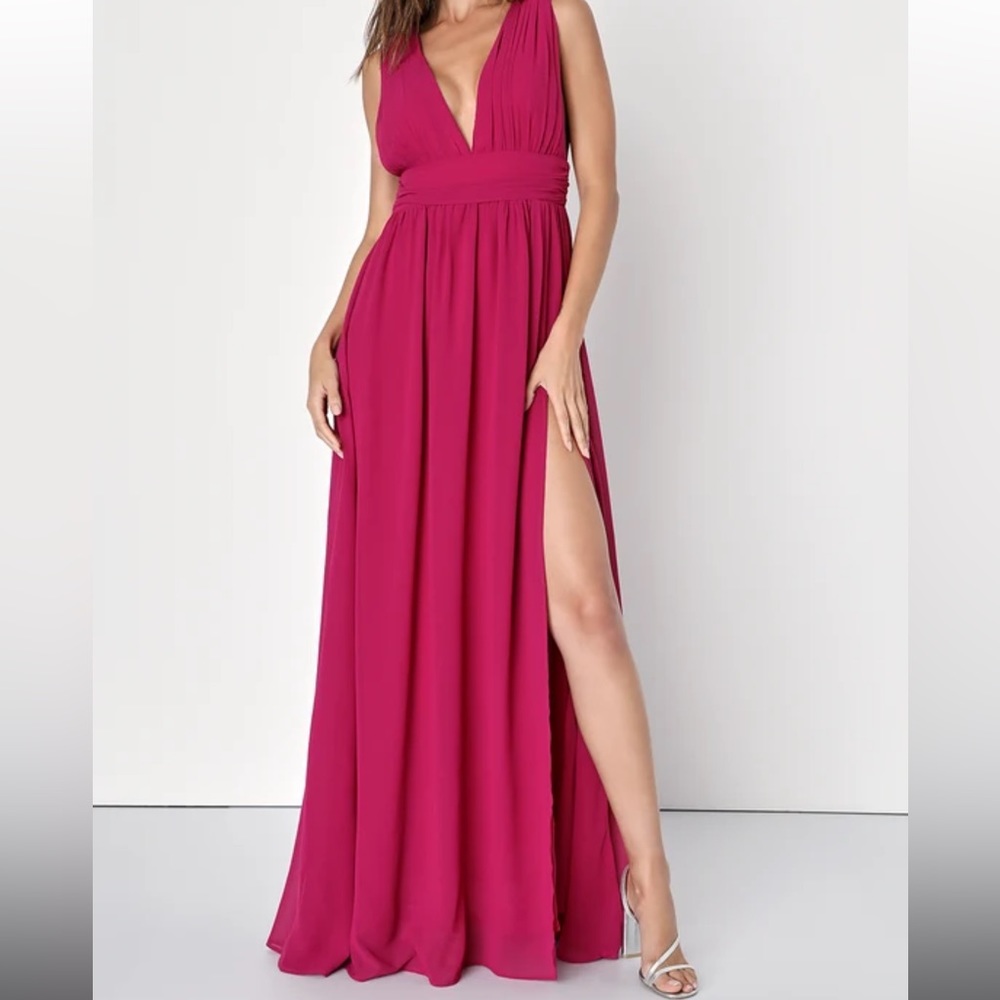 Lulu’s Magenta Maxi Dress - Formal Magenta Pink Maxi Dress with High Thigh Slit